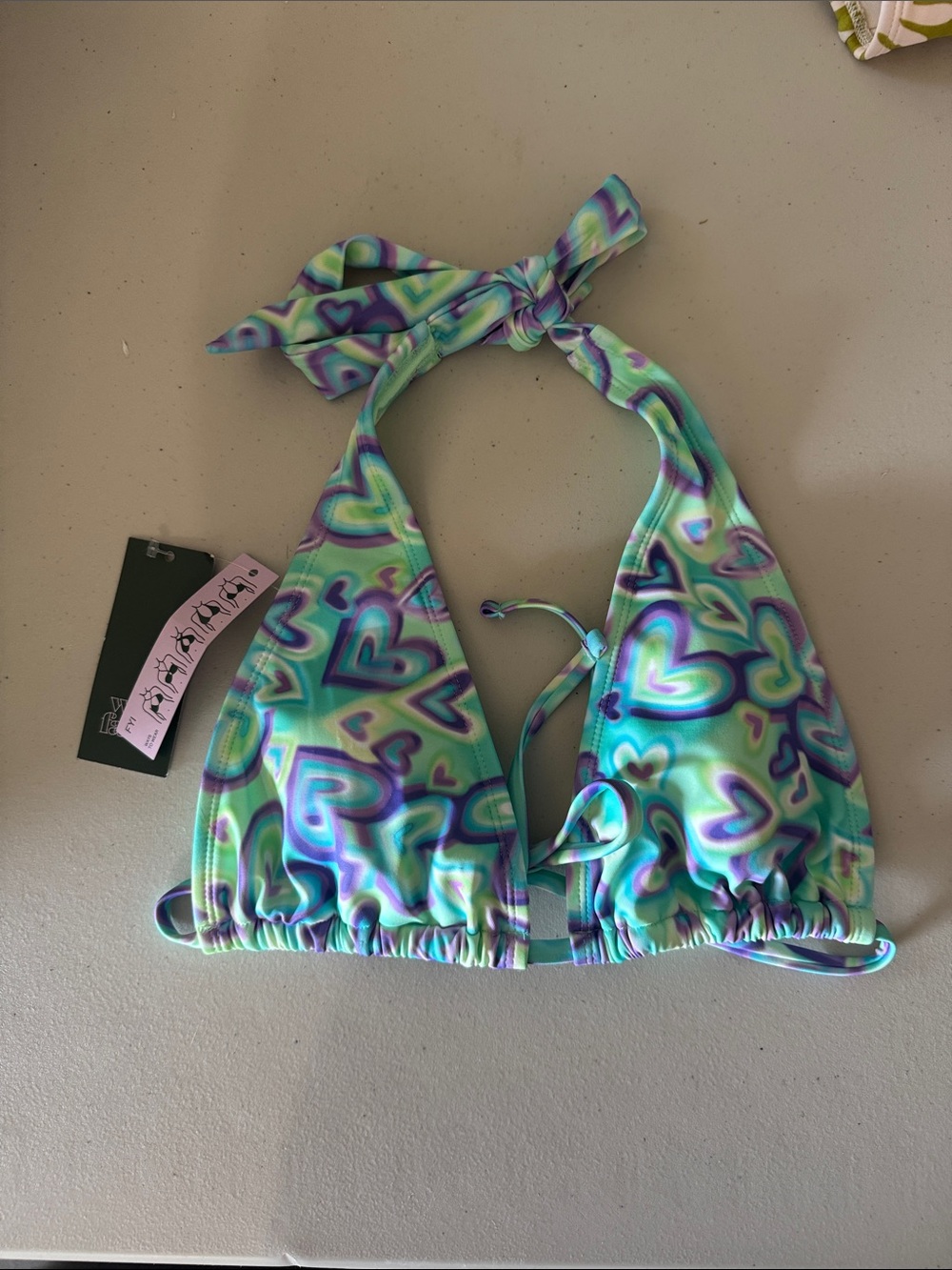 Heart Print Halter Bikini Top in Aqua & Purple